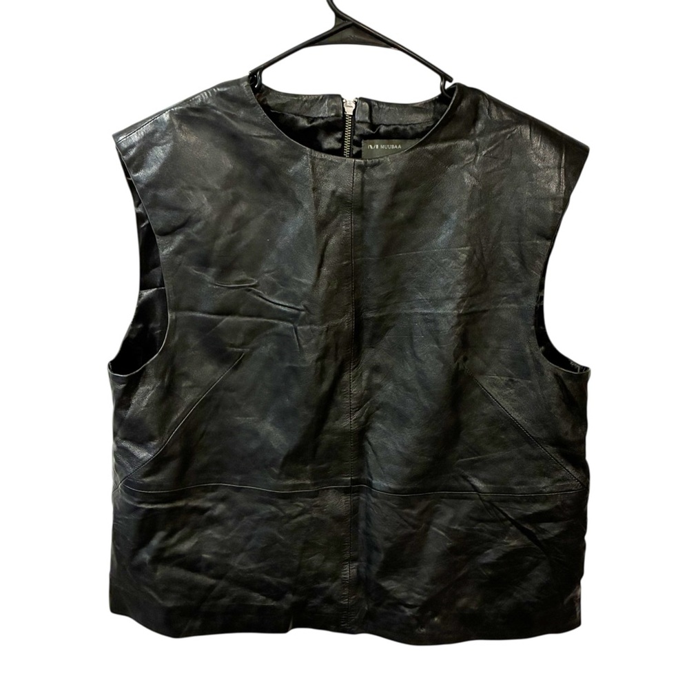 Muubaa Black Sleeveless A‎ Line Leather Top Quarter Back Zip Shell Size 12
